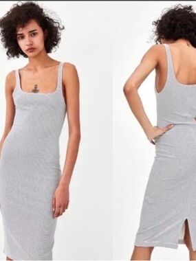 Zara Striped Ribbed Tank Midi Dress in Light Gray and White